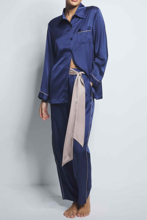 Satynowa piżama damska z koszulową górą/ rozpinana