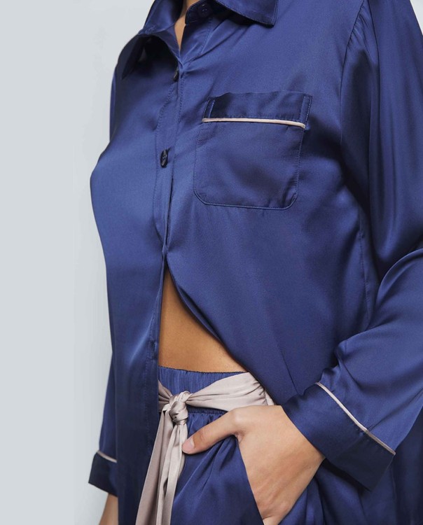 Satynowa piżama damska z koszulową górą/ rozpinana