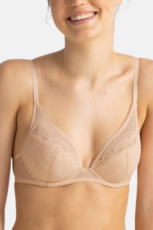 Biustonosz na fiszbinie lekko usztywniany z koronką beżowy