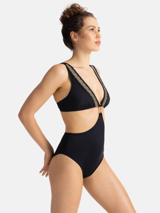 Strój kąpielowy monokini czarny ze złotą aplikacją