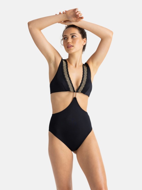 Strój kąpielowy monokini czarny ze złotą aplikacją