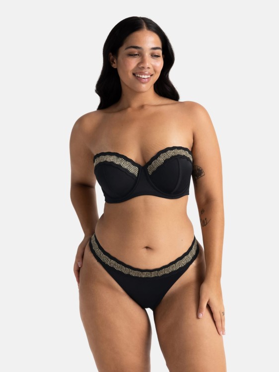 Biustonosz kąpielowy typu bardotka czarny ze złotą aplikacją