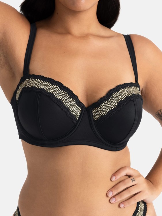 Biustonosz kąpielowy typu bardotka czarny ze złotą aplikacją
