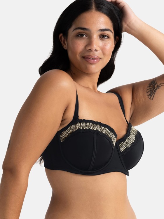 Biustonosz kąpielowy typu bardotka czarny ze złotą aplikacją