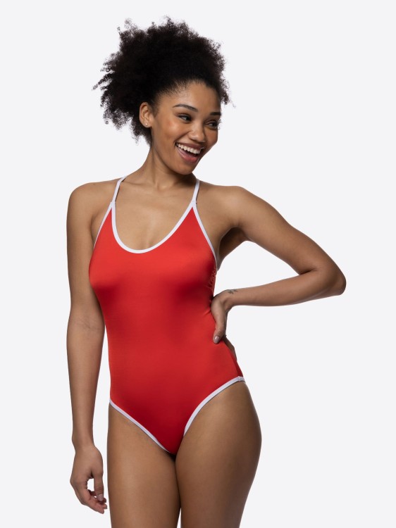 Jednoczęściowy strój kąpielowy z ozdobnym wiązaniem na plecach czerwony