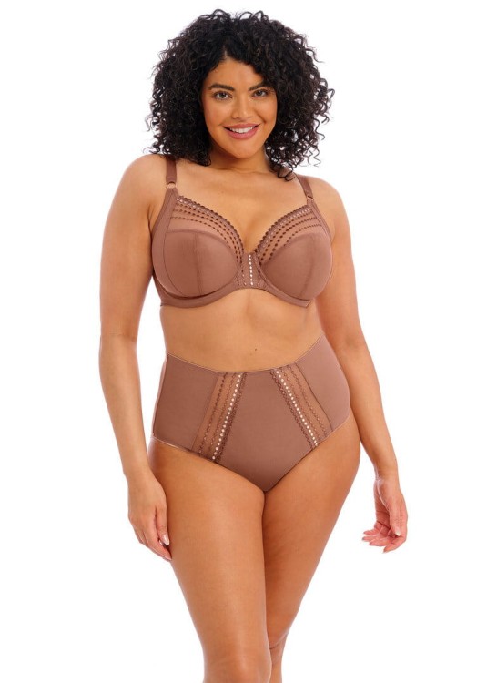 Miękki beżowy biustonosz na fiszbinie typu plunge ozdobiony delikatnym haftem