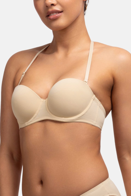 Biustonosz bardotka z odpinanymi ramiączkami i silikonem beżowy
