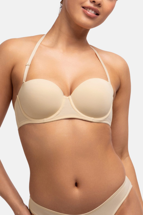 Biustonosz bardotka z odpinanymi ramiączkami i silikonem beżowy