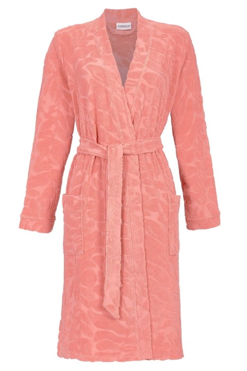 Szlafrok damski z żakardowej frotte, wiązany brzoskwiniowy