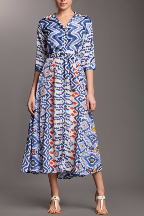 Długa sukienka maxi koszulowa z rękawem do łokcia