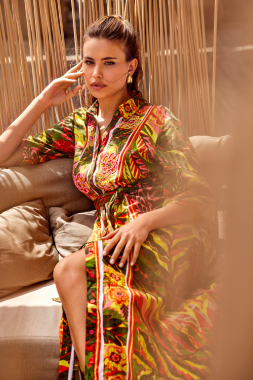 Długa sukienka koszulowa bawełniana z rękawem do łokcia