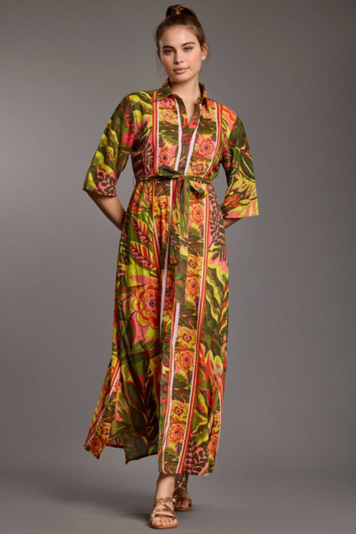 Długa sukienka koszulowa bawełniana z rękawem do łokcia