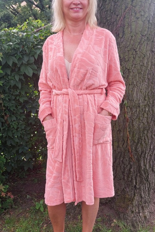 Szlafrok damski z żakardowej frotte, wiązany brzoskwiniowy