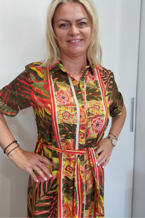 Długa sukienka koszulowa bawełniana z rękawem do łokcia