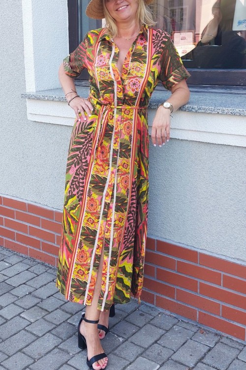 Długa sukienka koszulowa bawełniana z rękawem do łokcia