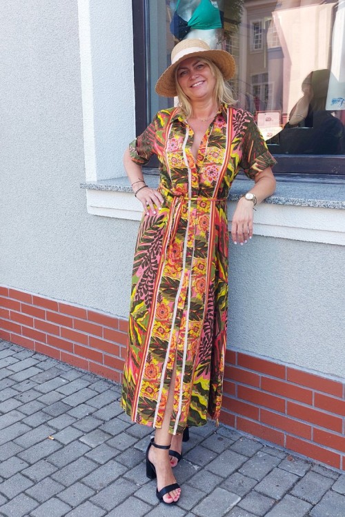 Długa sukienka koszulowa bawełniana z rękawem do łokcia