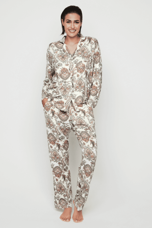 Piżama z długim rękawem i koszulową bluzką z tkaniny bambusowej