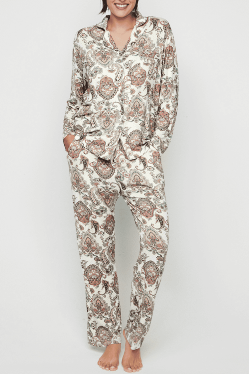 Piżama z długim rękawem i koszulową bluzką z tkaniny bambusowej