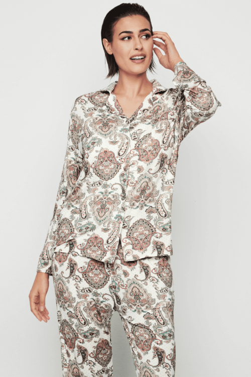 Piżama z długim rękawem i koszulową bluzką z tkaniny bambusowej