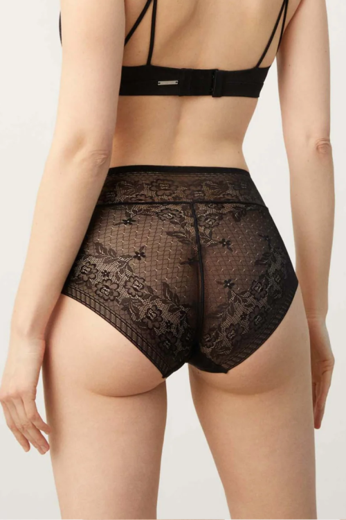 Wysokie bezszwowe figi z koronką czarne 19191