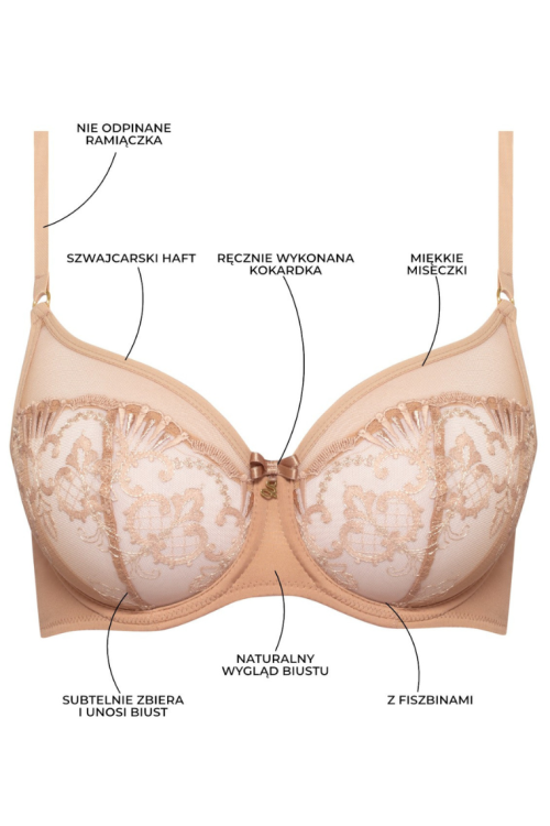 Miękki biustonosz na fiszbinie z ozdobnym haftem beżowy