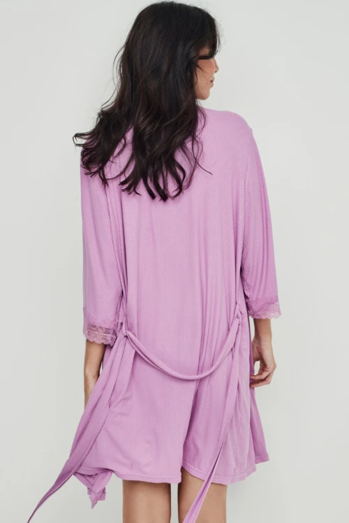 VERA Wiskozowy szlafrok damski prążkowany lawendowy