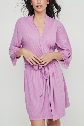 VERA Wiskozowy szlafrok damski prążkowany lawendowy