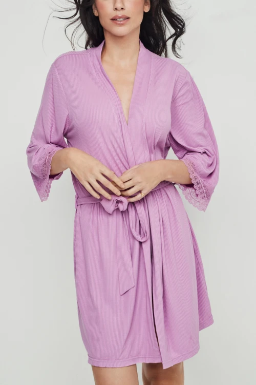 VERA Wiskozowy szlafrok damski prążkowany lawendowy