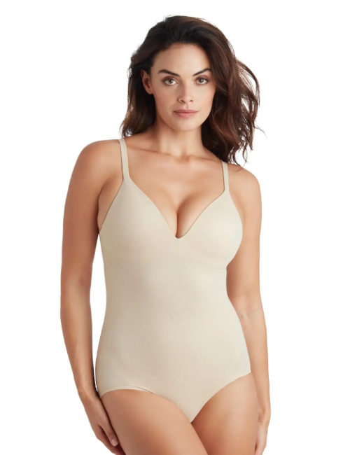 Body modelujące z wbudowaną usztywnianą miseczką bez fiszbiny beżowe