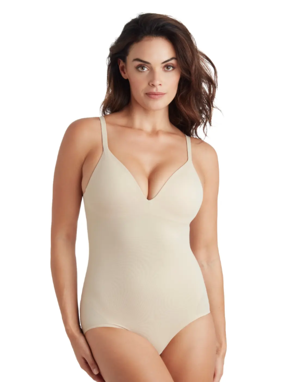 Body modelujące z wbudowaną usztywnianą miseczką bez fiszbiny beżowe